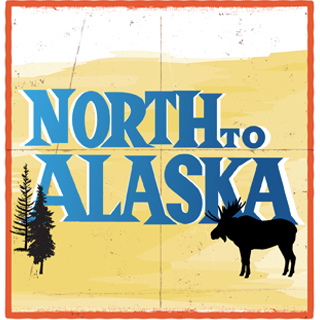 Decorative banner of North to Alaska, picture of silhouette fir trees to the left of the title and a silhouette moose on the right of the title